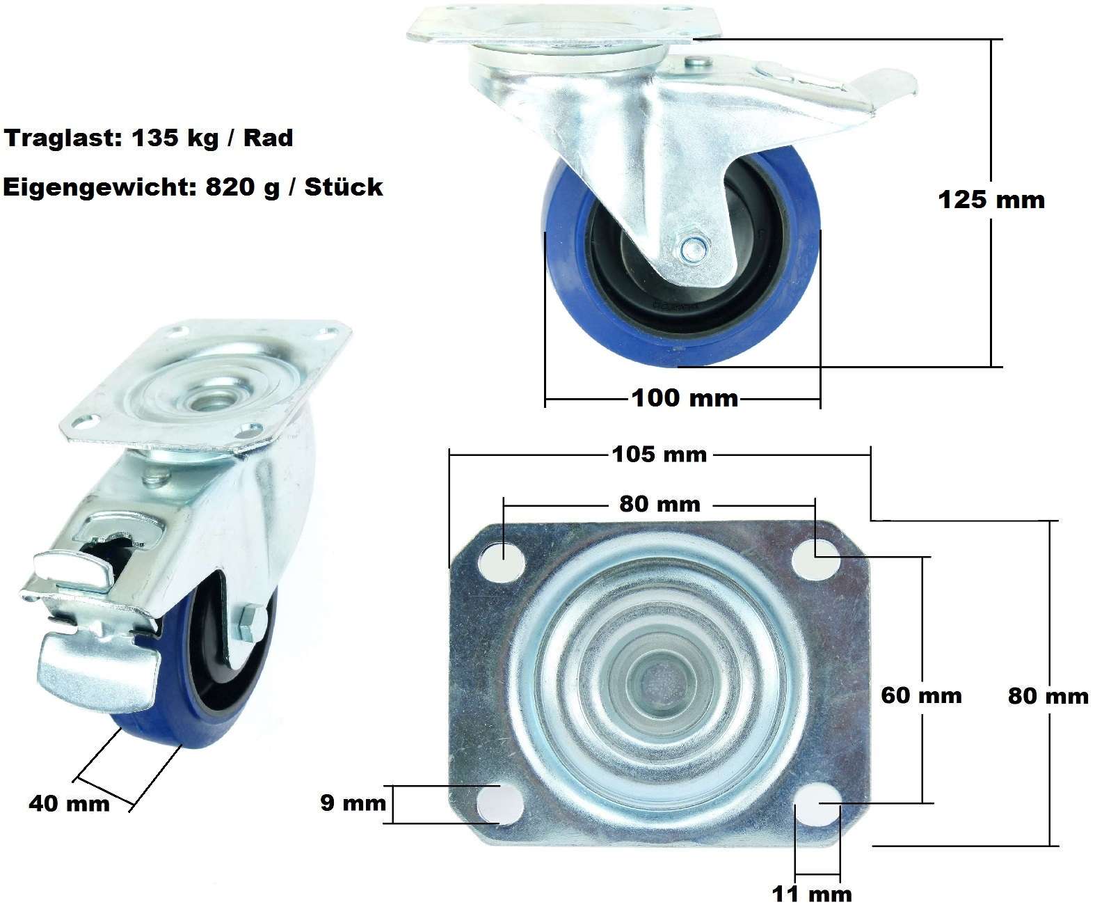 4 X 125 Mm SL Möbelrollen Lenkrollen Blue Wheel ECO Transportrollen Möbel Rollen